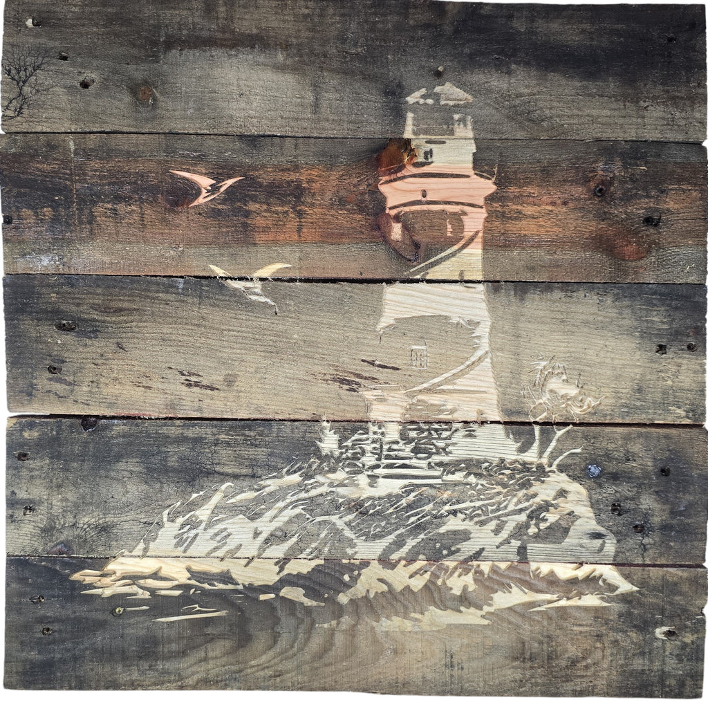 TK Wood Designs rustic lighthouse wood wall art on reclaimed wood planks with weathered finish and coastal scene.