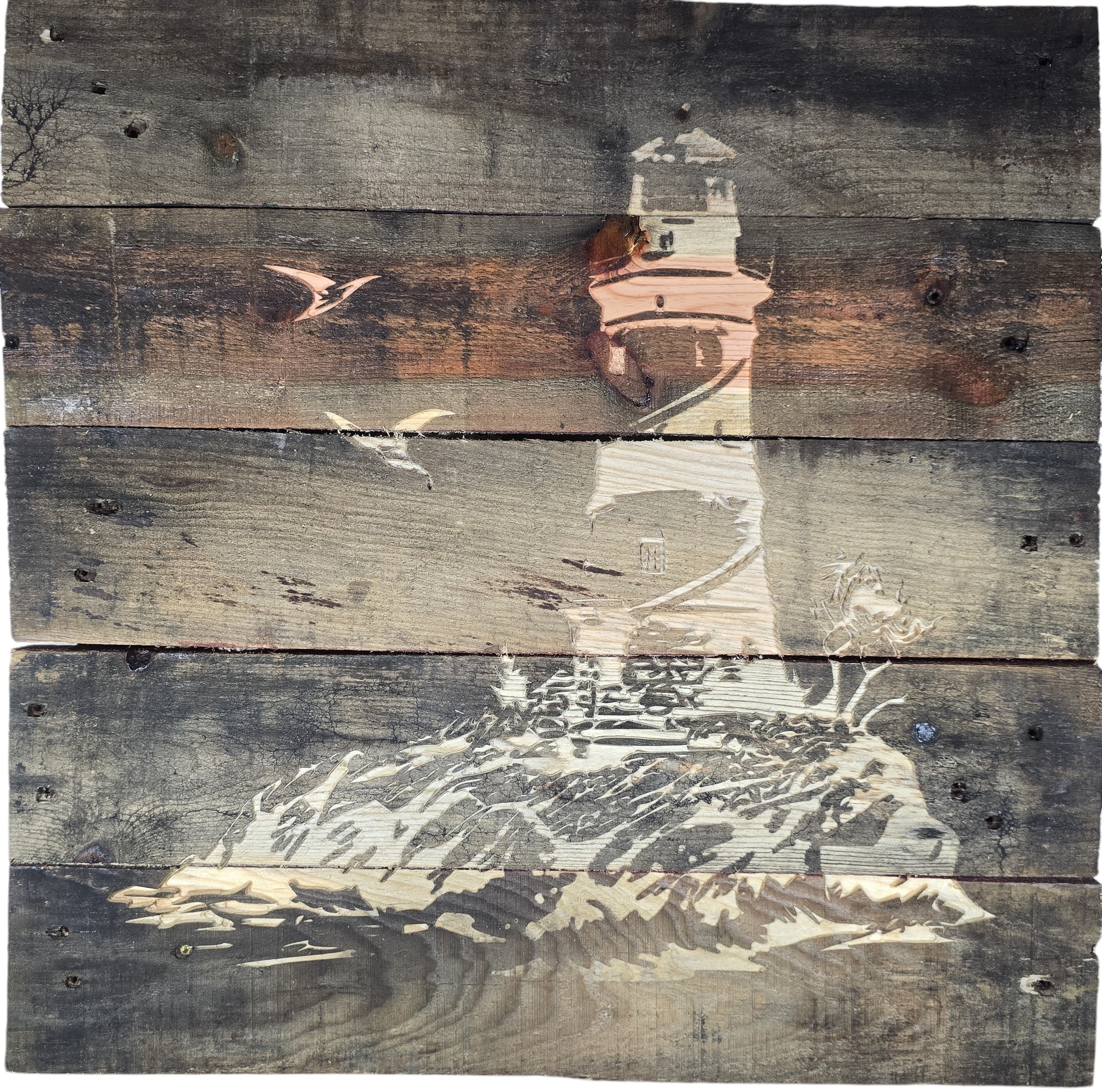 TK Wood Designs rustic lighthouse wood wall art on reclaimed wood planks with weathered finish and coastal scene.