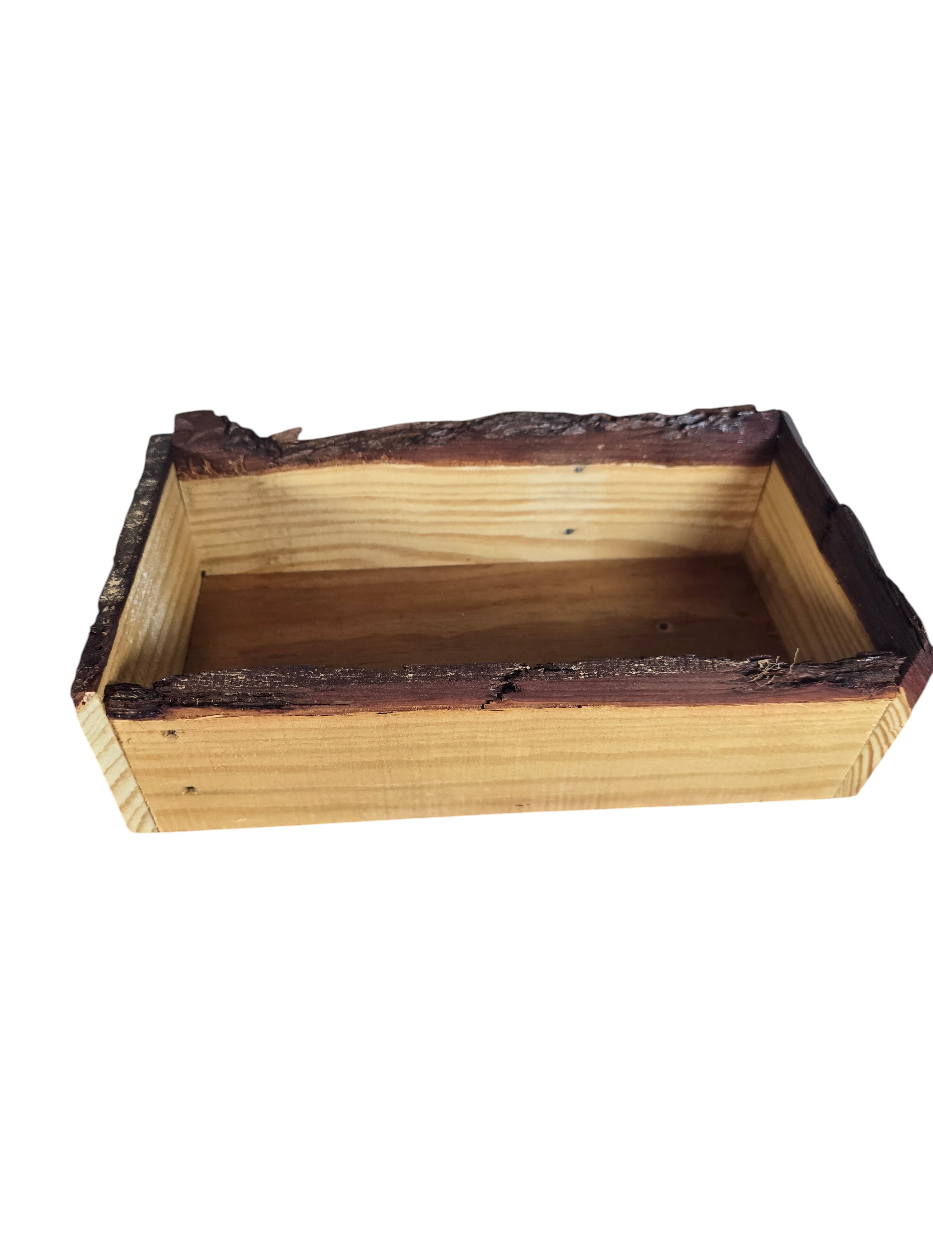 TK Wood Designs rustic rectangular storage tray with natural live edge finish and visible wood grain texture.