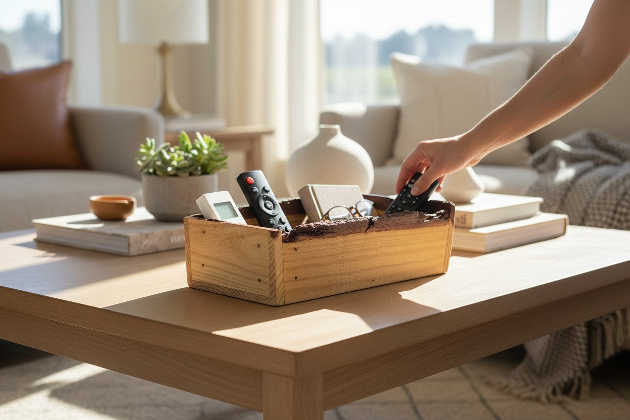 TK Wood Designs rustic live edge wooden storage tray holding remotes on a living room coffee table