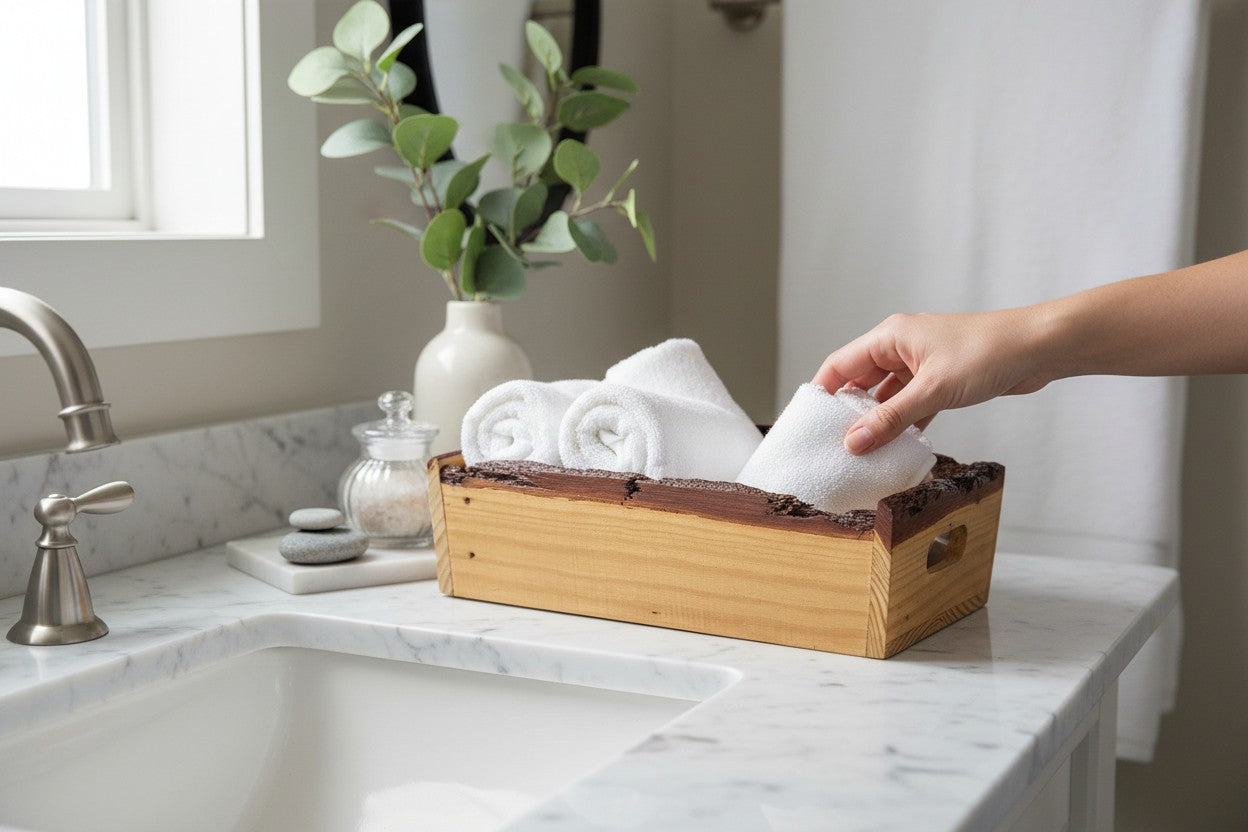 TK Wood Designs rustic live edge wooden storage tray holding white rolled towels on a marble bathroom vanity