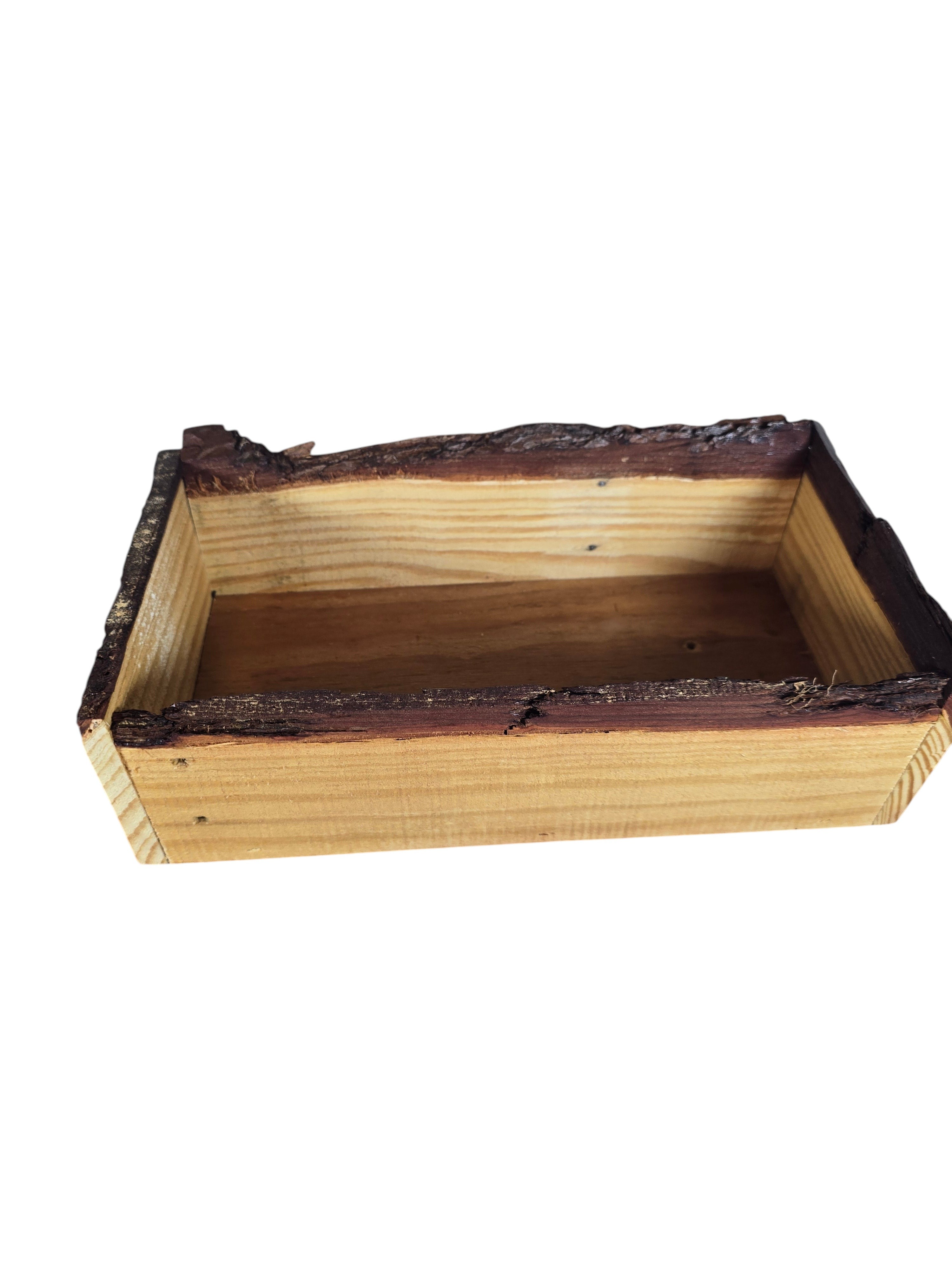 TK Wood Designs rustic rectangular storage tray with a natural live edge finish and visible wood grain texture.