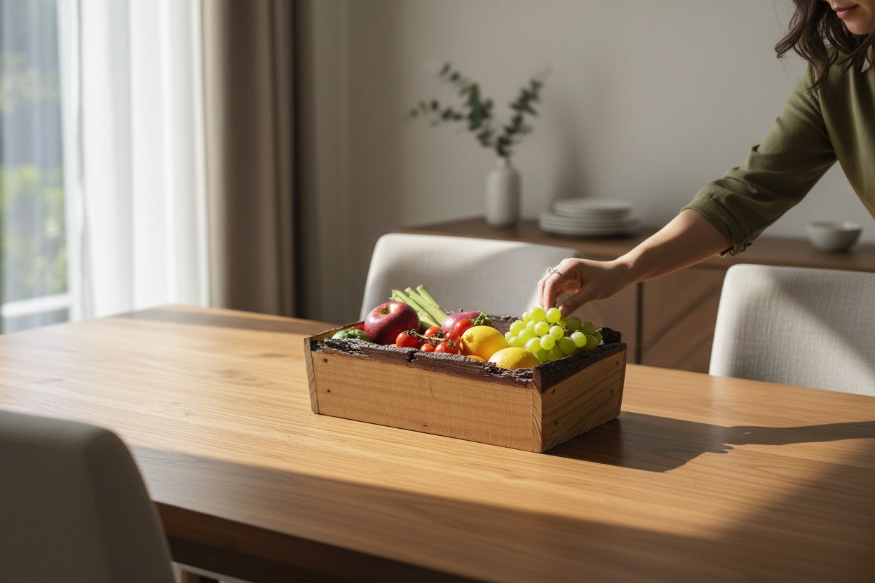 TK Wood Designs rustic live edge wooden storage tray filled with fresh fruit on a dining table