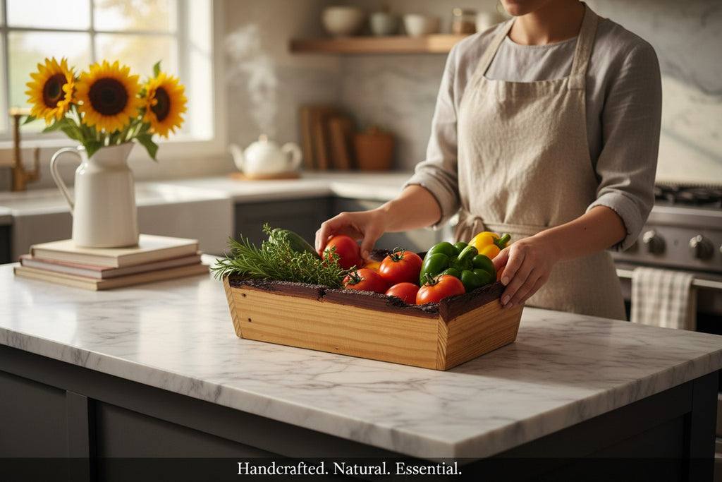 TK Wood Designs rustic live edge wooden storage tray filled with fresh vegetables on a marble kitchen countertop