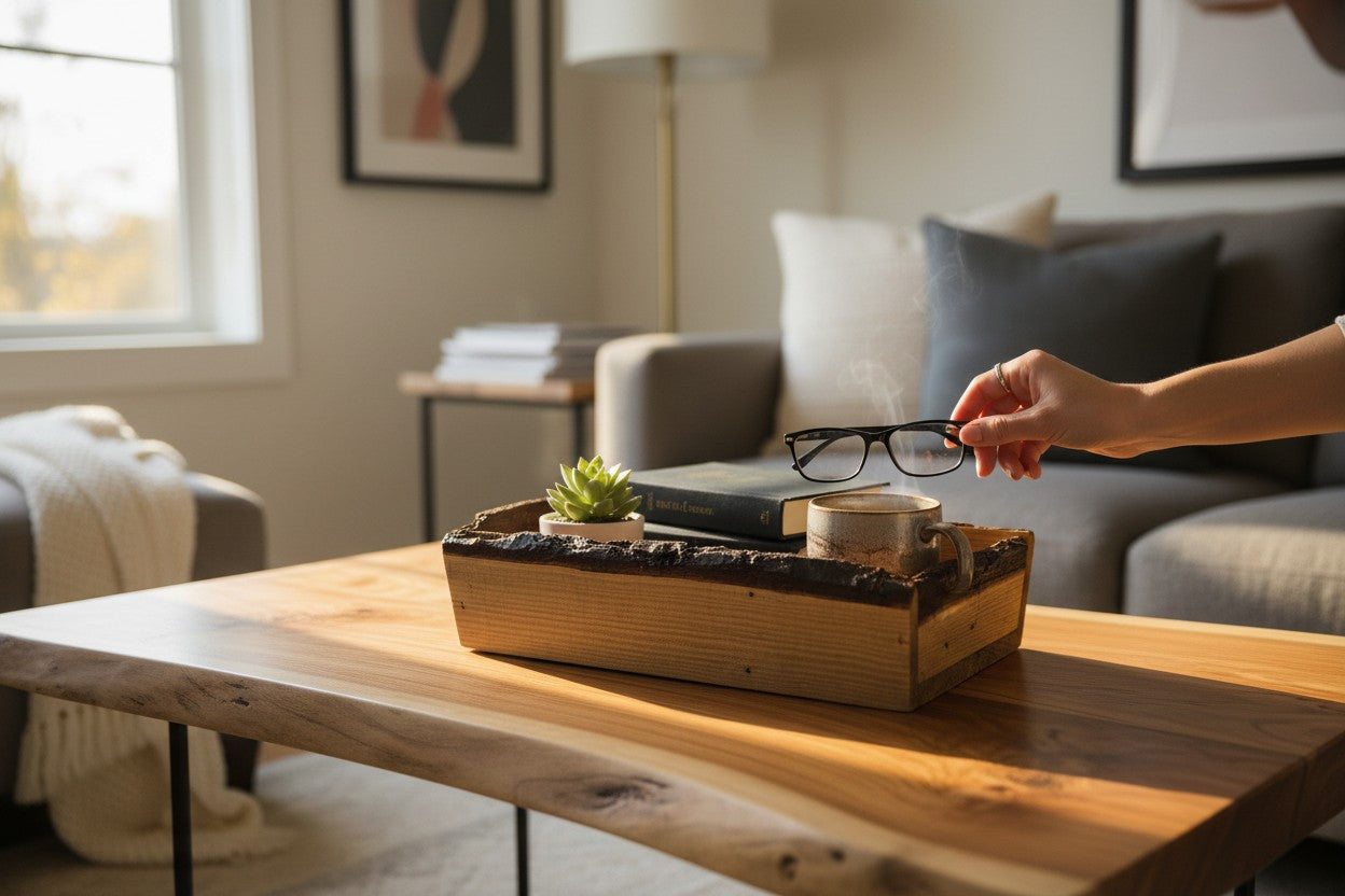 TK Wood Designs rustic live edge wooden tray holding a small plant, book, and coffee mug on a living room table.