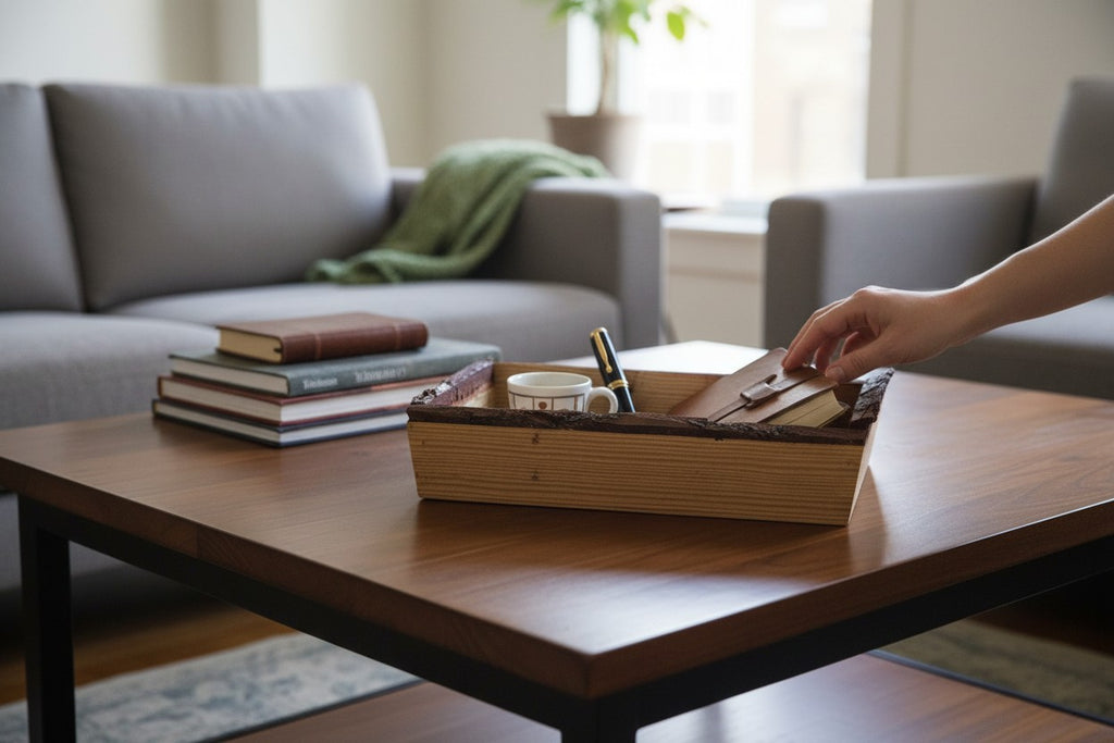 TK Wood Designs rustic live edge wooden serving tray on a coffee table with books and a cup