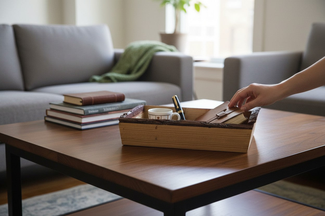 TK Wood Designs rustic live edge wooden serving tray on a coffee table with books and a cup
