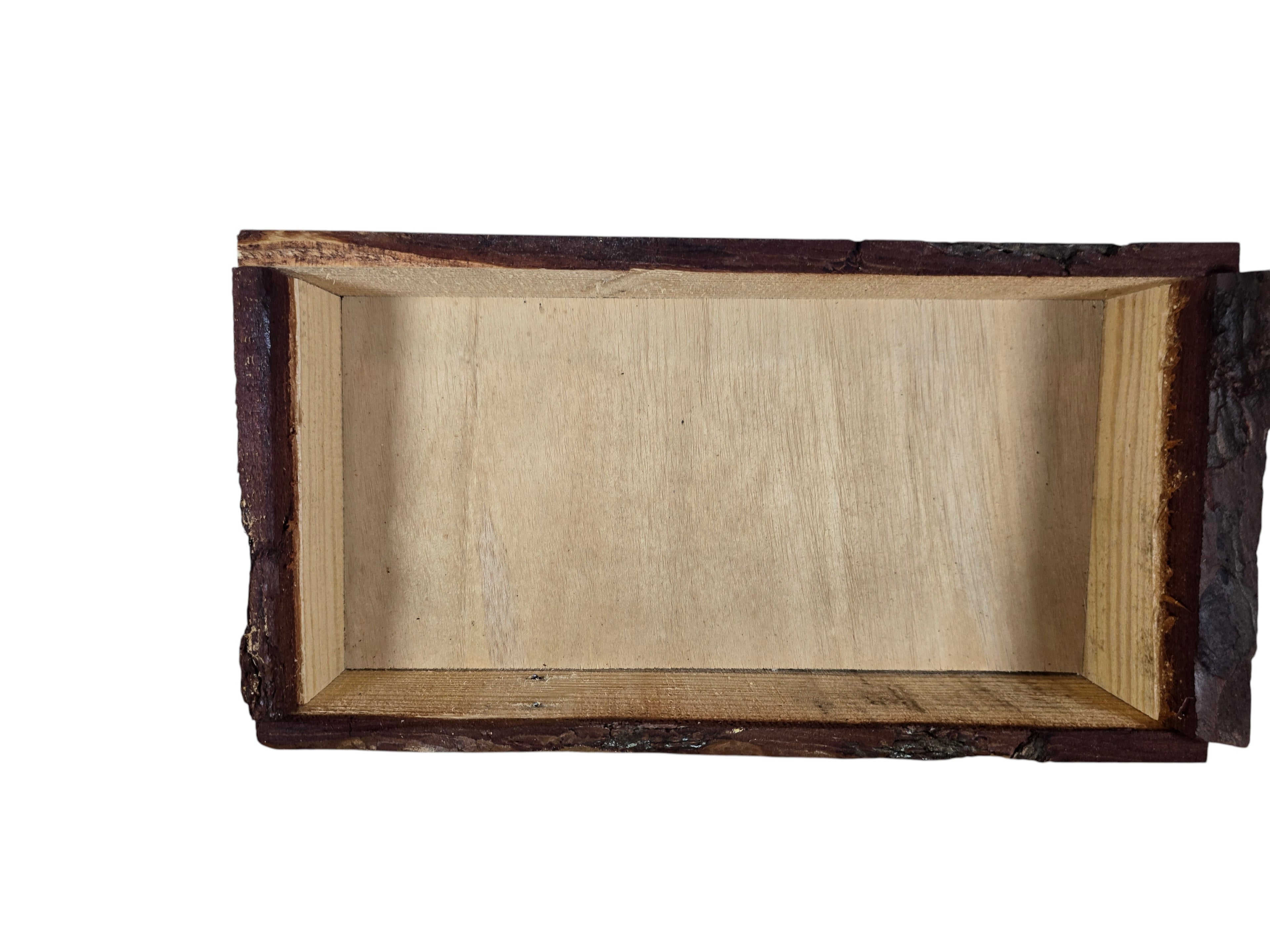 TK Wood Designs rustic live edge wooden serving tray with natural bark detailing and rectangular timber base