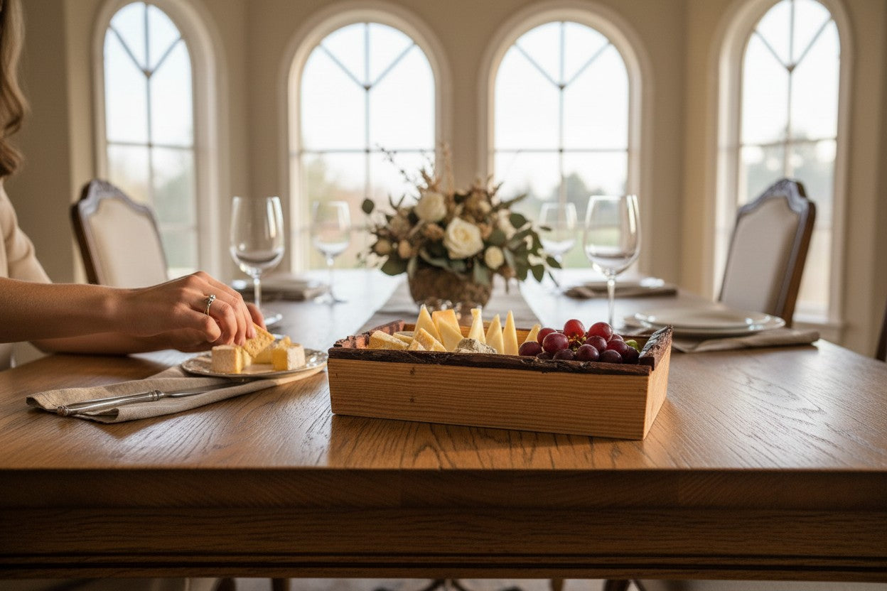 TK Wood Designs rustic live edge wooden serving tray filled with cheese and grapes on a dining table