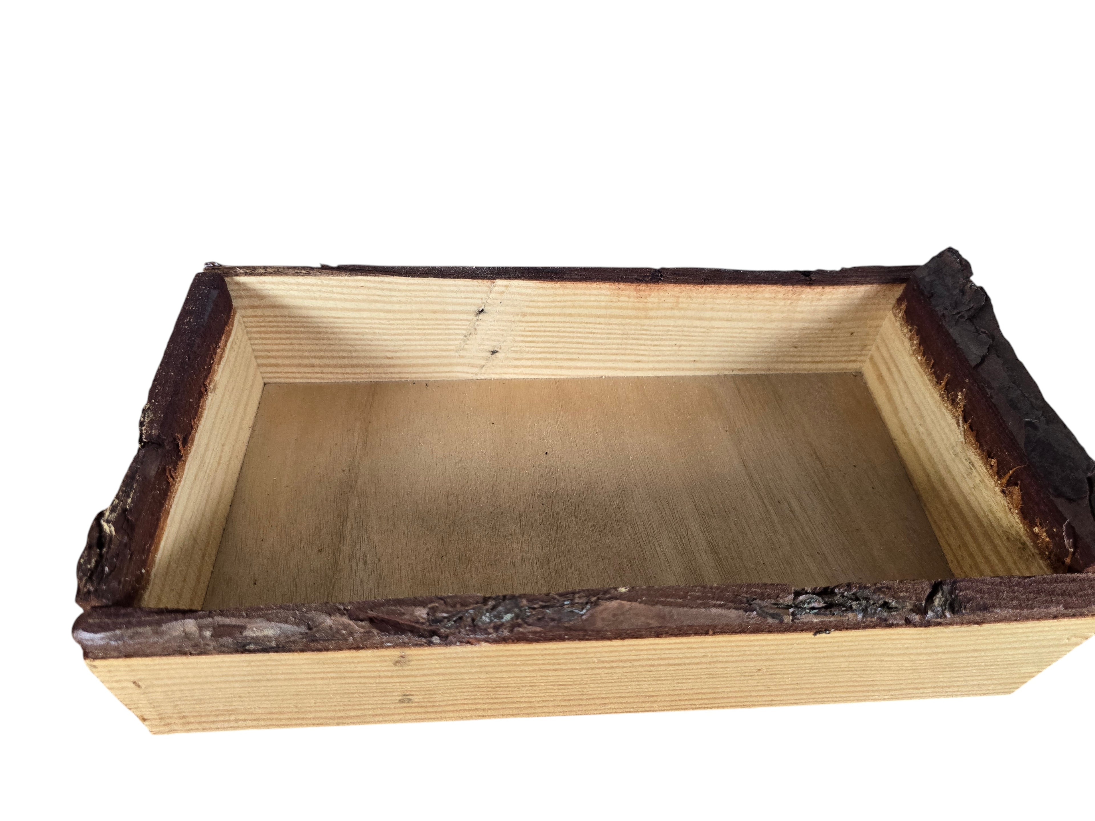 TK Wood Designs rectangular serving tray with natural live edge bark detailing and warm timber wood finish.