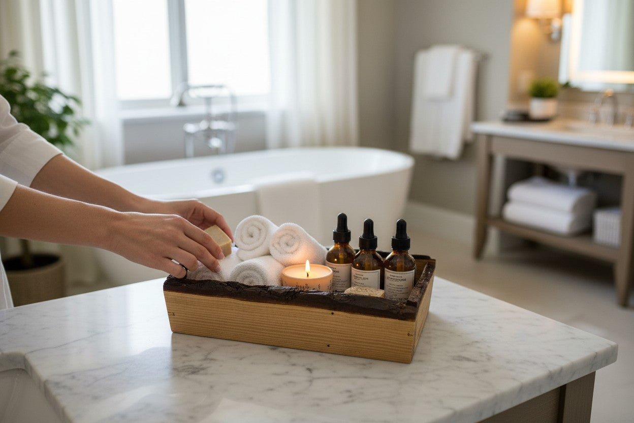 TK Wood Designs rustic live edge wooden tray holding rolled towels, amber glass bottles, and a candle on a vanity.