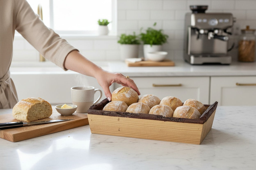 TK Wood Designs rustic live edge wooden serving tray filled with fresh bread rolls on a white marble kitchen counter.
