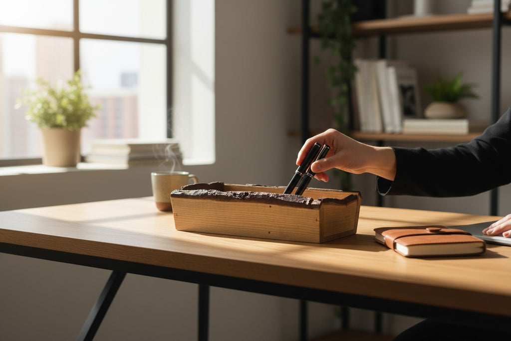TK Wood Designs rustic live edge wooden tray on a desk holding pens, featuring natural wood grain and organic edges.