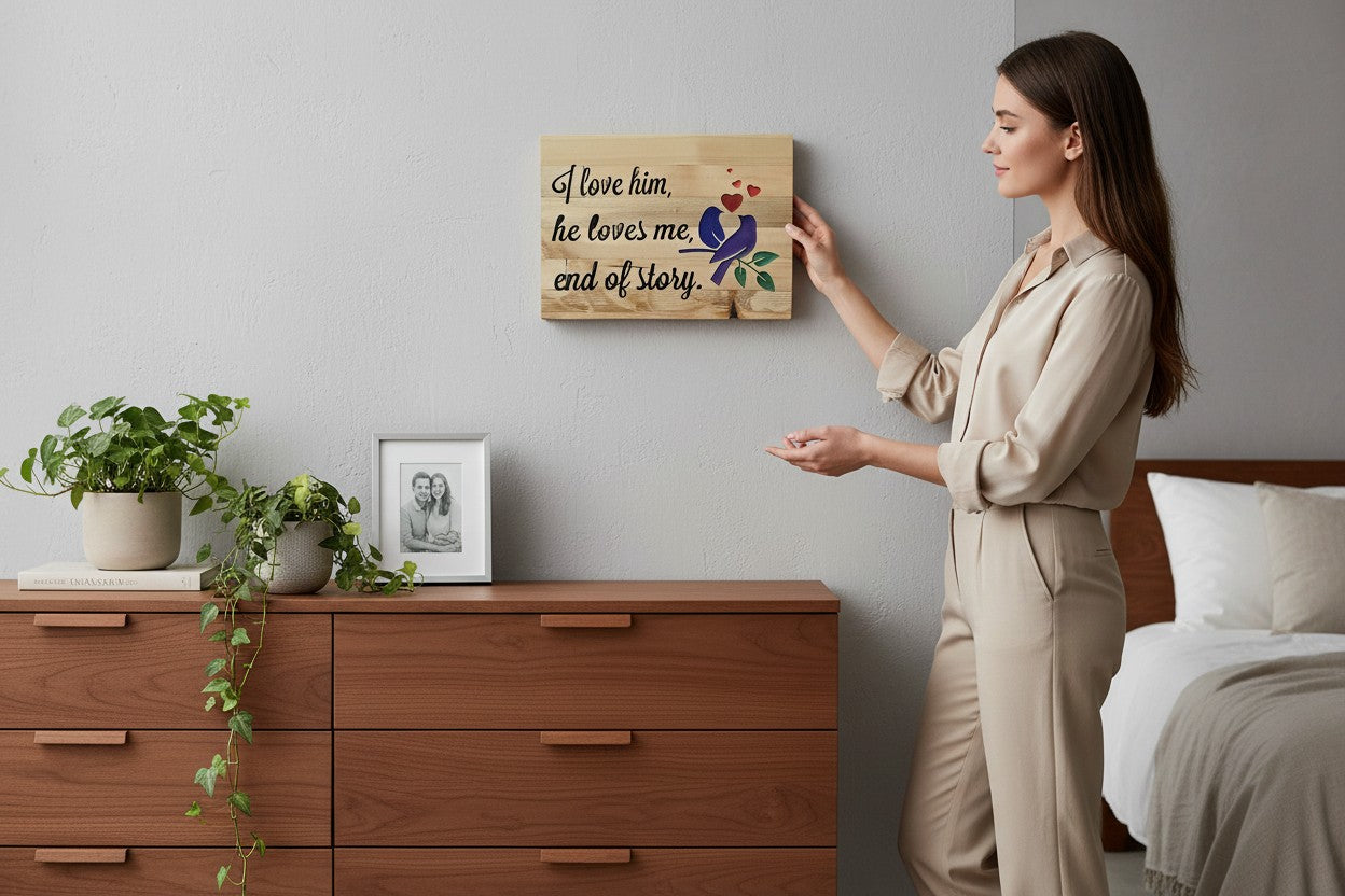 TK Wood Designs wooden sign with "I love him, he loves me, end of story" text and carved birds and hearts.