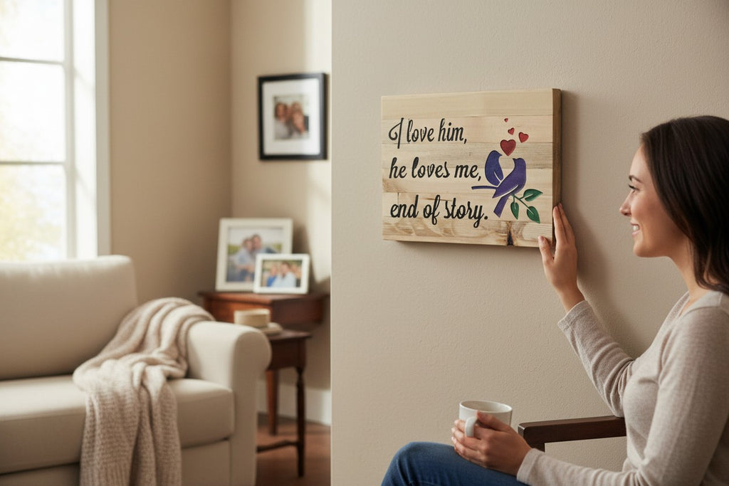TK Wood Designs wooden sign with "I love him, he loves me, end of story." text and carved birds and hearts.