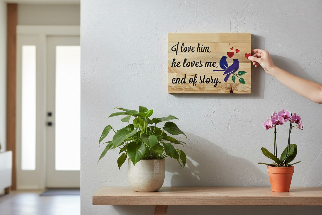 TK Wood Designs wooden sign with "I love him, he loves me, end of story." text and carved birds and hearts.