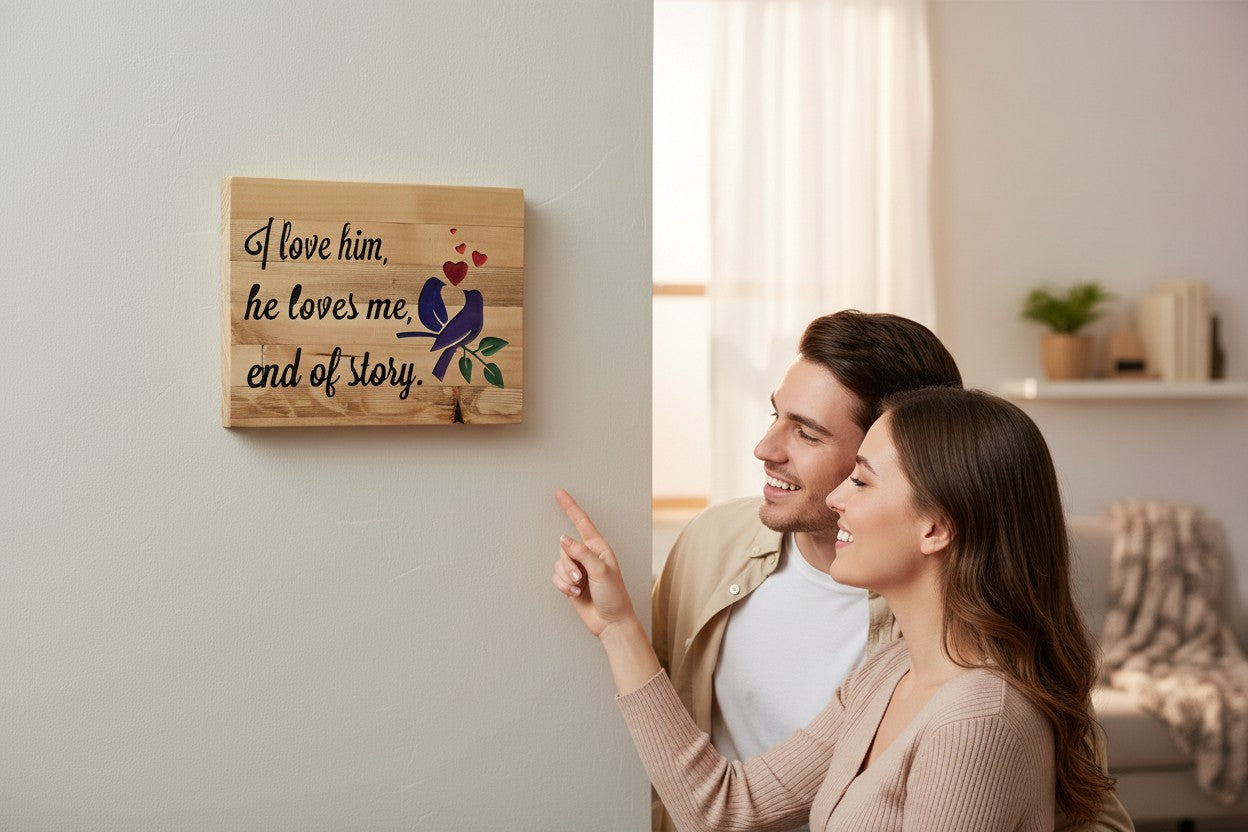 TK Wood Designs wooden sign with "I love him, he loves me, end of story." text and carved birds and hearts.