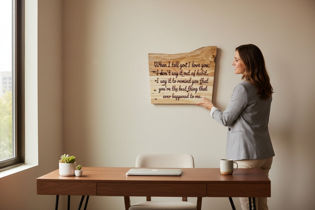 TK Wood Designs rustic wood sign with engraved quote: "When I tell you I love you, I don't say it out of habit. I say it to remind you that you're the best thing that ever happened to me."