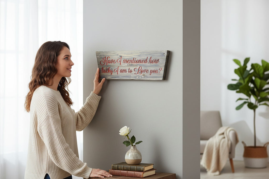 TK Wood Designs handcrafted wooden sign with red lettering reading "Have I mentioned how lucky I am to Love you?" Rustic grey wood finish.