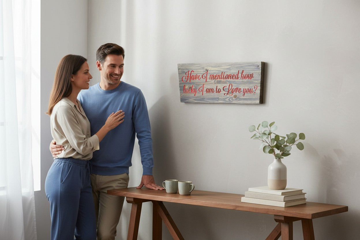 TK Wood Designs grey wooden sign with carved red lettering: "Have I mentioned how lucky I am to Love you?"