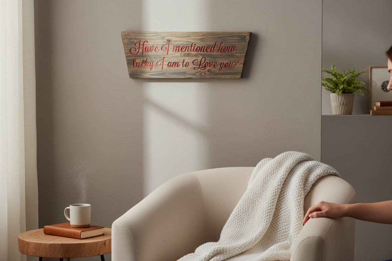 TK Wood Designs handcrafted wooden sign with red lettering saying "Have I mentioned how lucky I am to love you?"