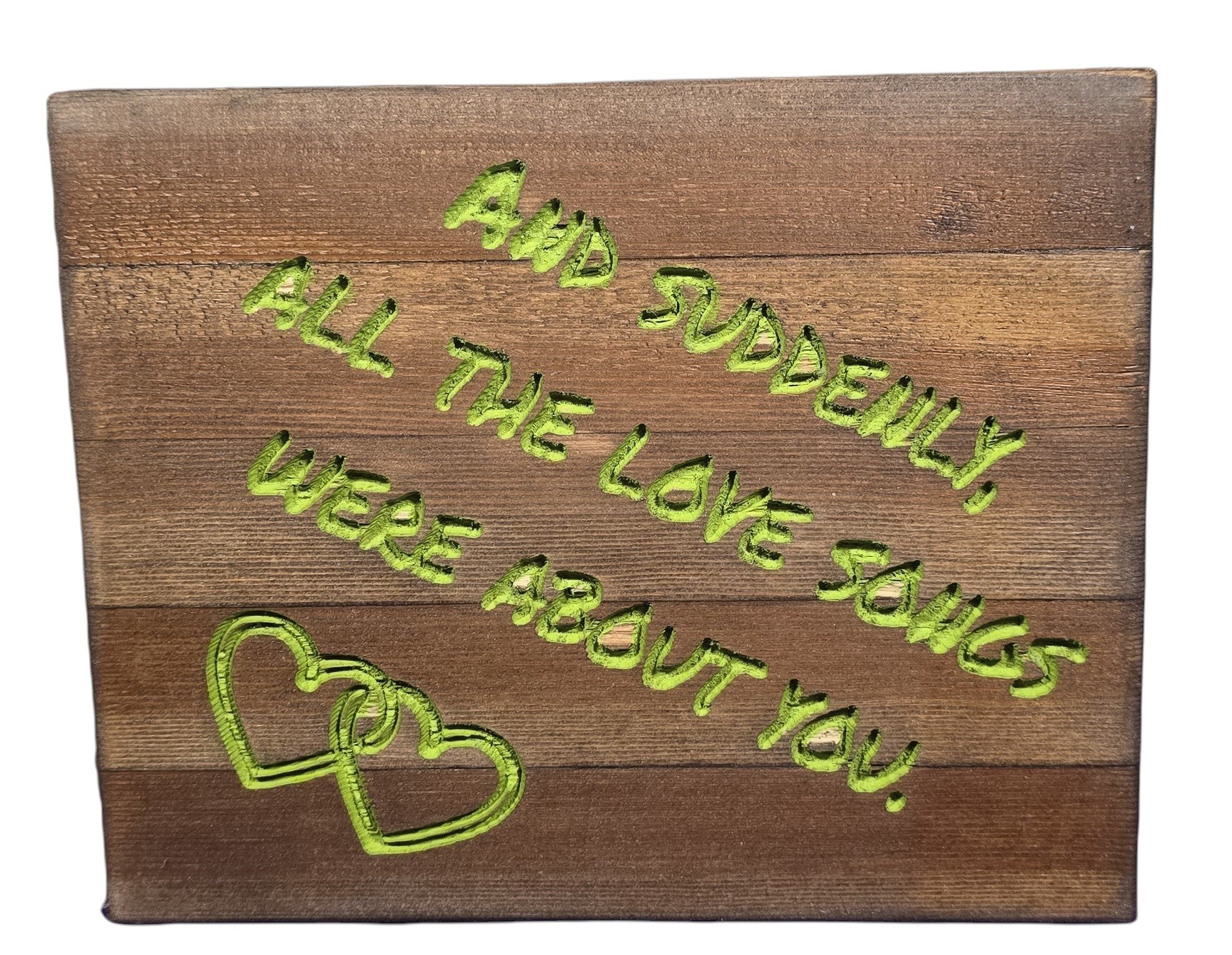 TK Wood Designs rustic wood sign with carved green lettering
