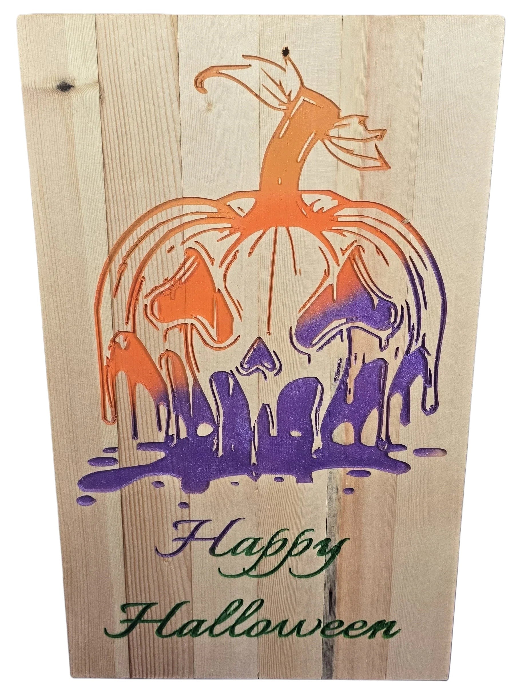 TK Wood Designs melting pumpkin Halloween sign, hand-painted on reclaimed wood with orange and purple drips. Features "Happy Halloween" text.