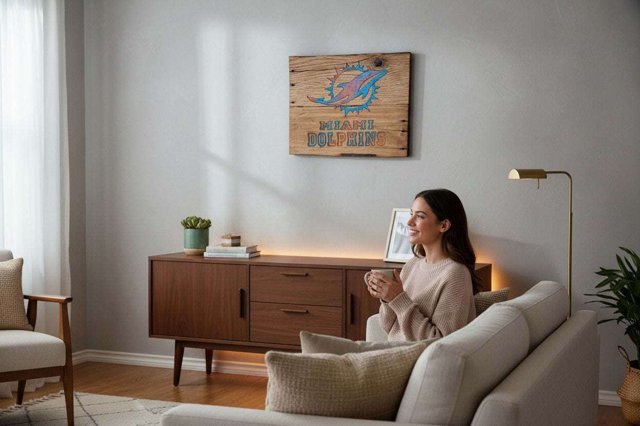 TK Wood Designs handcrafted Miami Dolphins wooden wall sign hanging in a modern living room with a woman relaxing.