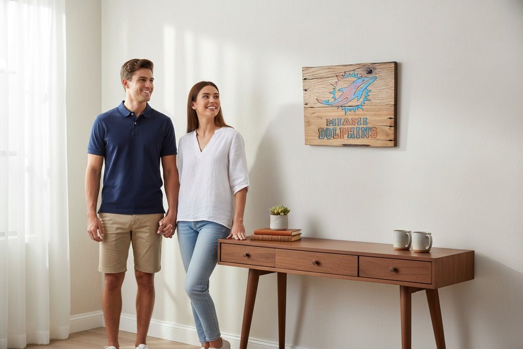 TK Wood Designs handcrafted Miami Dolphins wooden wall sign hanging above a mid-century modern console table.