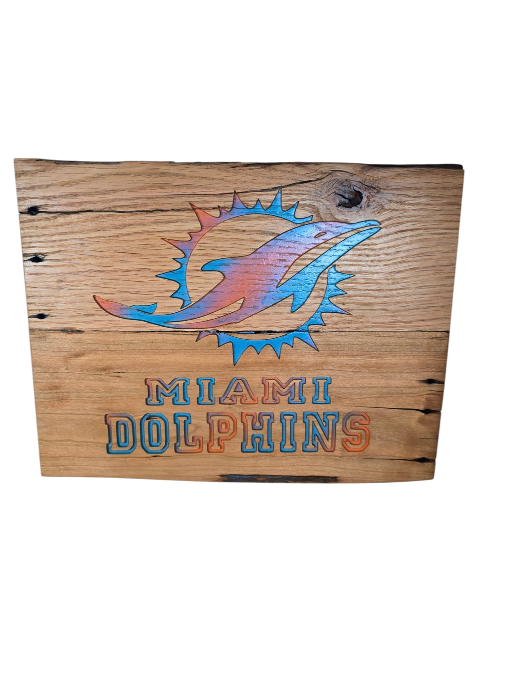 TK Wood Designs handcrafted wooden Miami Dolphins wall sign with aqua and orange carved logo on natural wood grain.