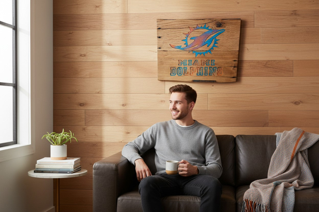 Man sitting on a sofa under a TK Wood Designs handcrafted wooden Miami Dolphins wall sign in a rustic living room.