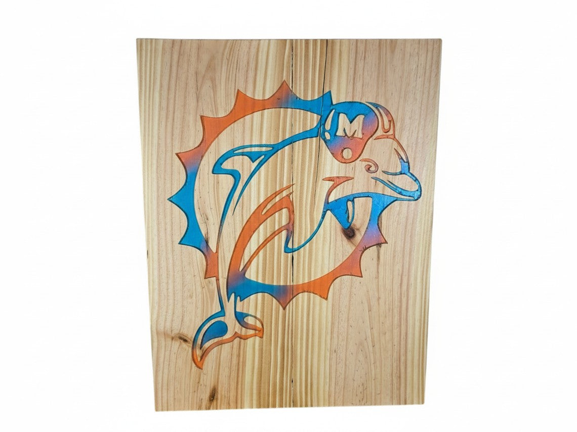 TK Wood Designs handcrafted wooden sign featuring a laser-cut Miami Dolphins football logo in blue and orange