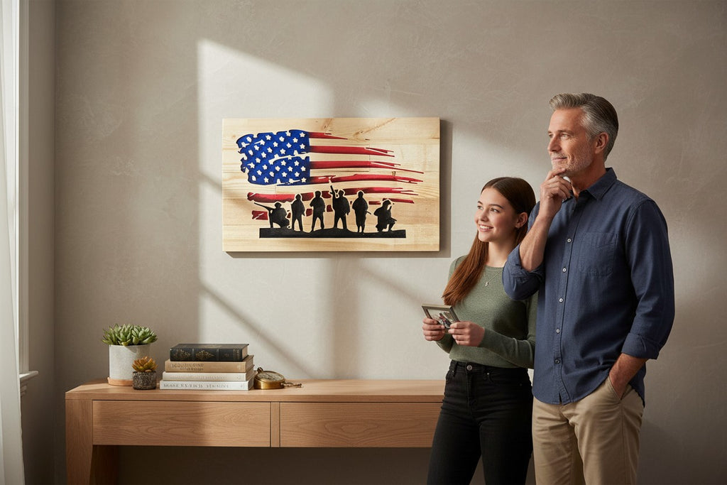 TK Wood Designs distressed American flag wall art with silhouette of soldiers, made from reclaimed wood.