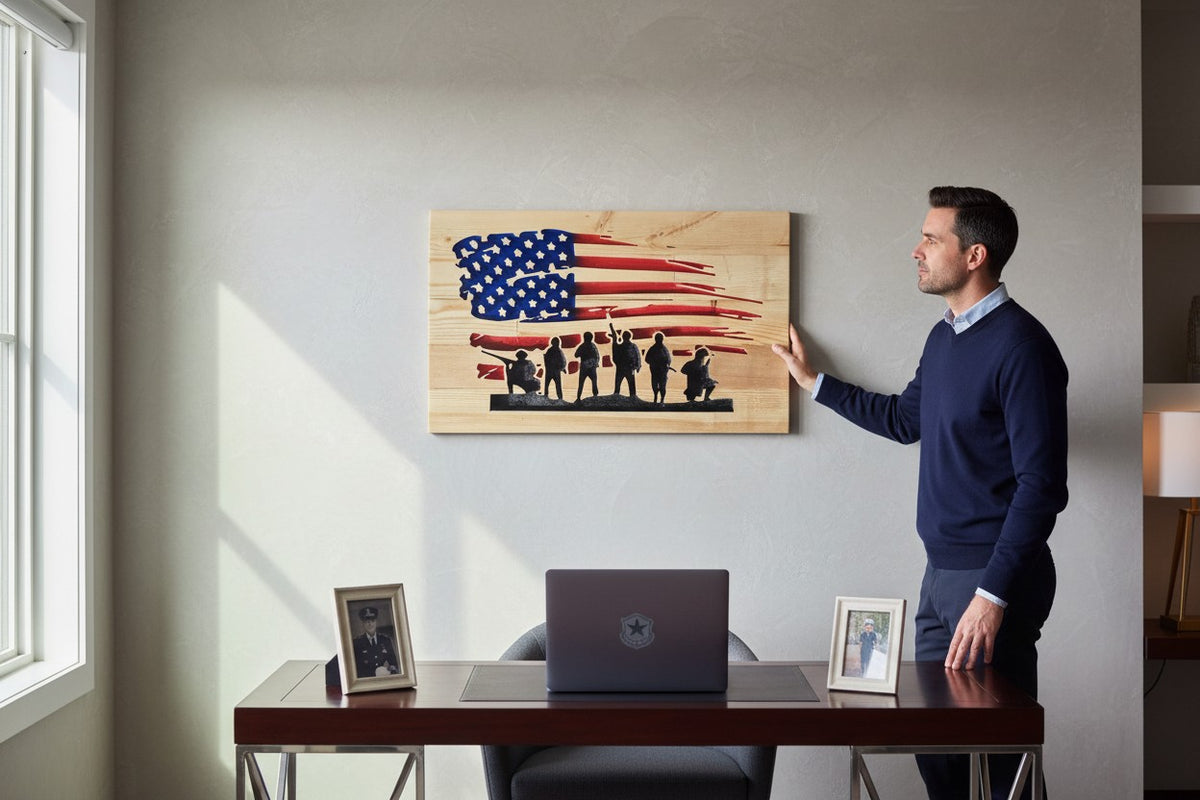 TK Wood Designs distressed American flag wall art with silhouette of soldiers, made from reclaimed wood.