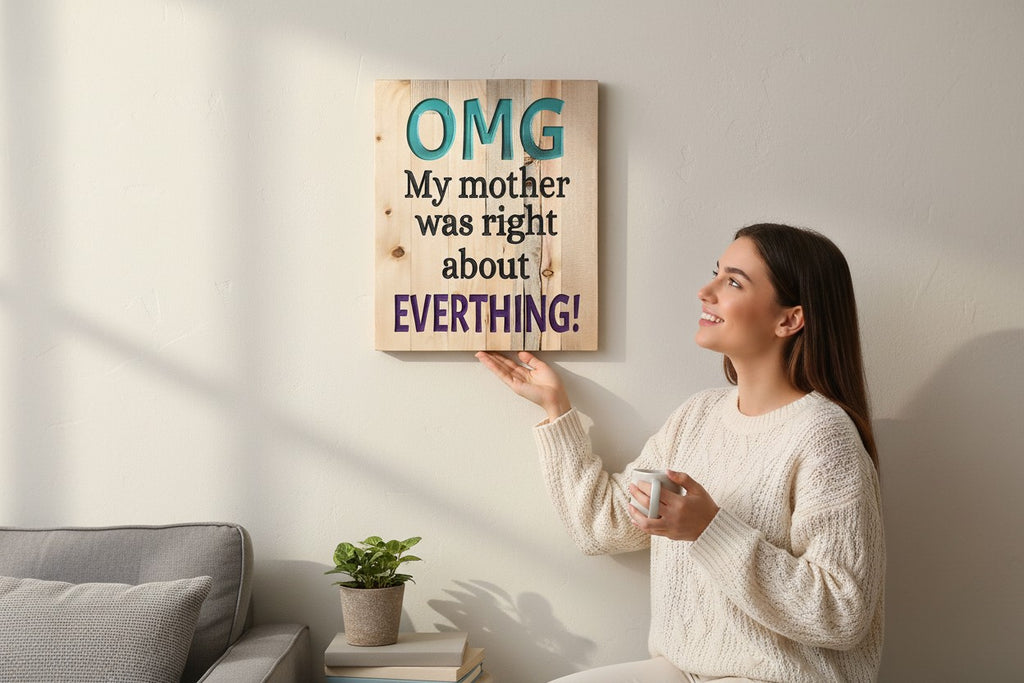 TK Wood Designs natural wood sign with raised teal "OMG", black text "My mother was right about", and purple text "EVERTHING!".