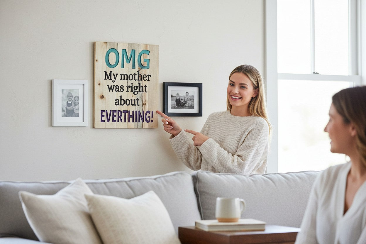 TK Wood Designs natural wood sign with raised teal "OMG", black text "My mother was right about", and purple text "EVERTHING!".