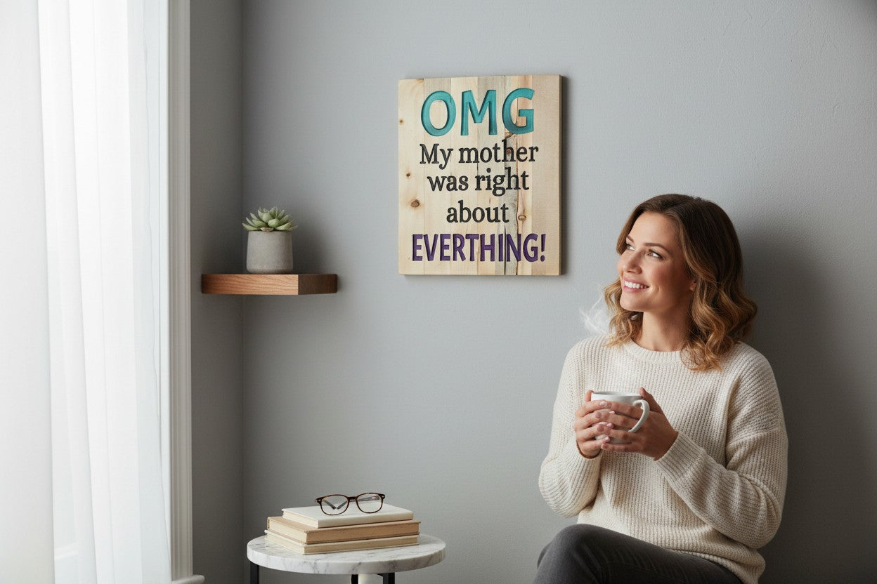 TK Wood Designs natural wood sign with raised teal "OMG", black text "My mother was right about", and purple text "EVERTHING!".