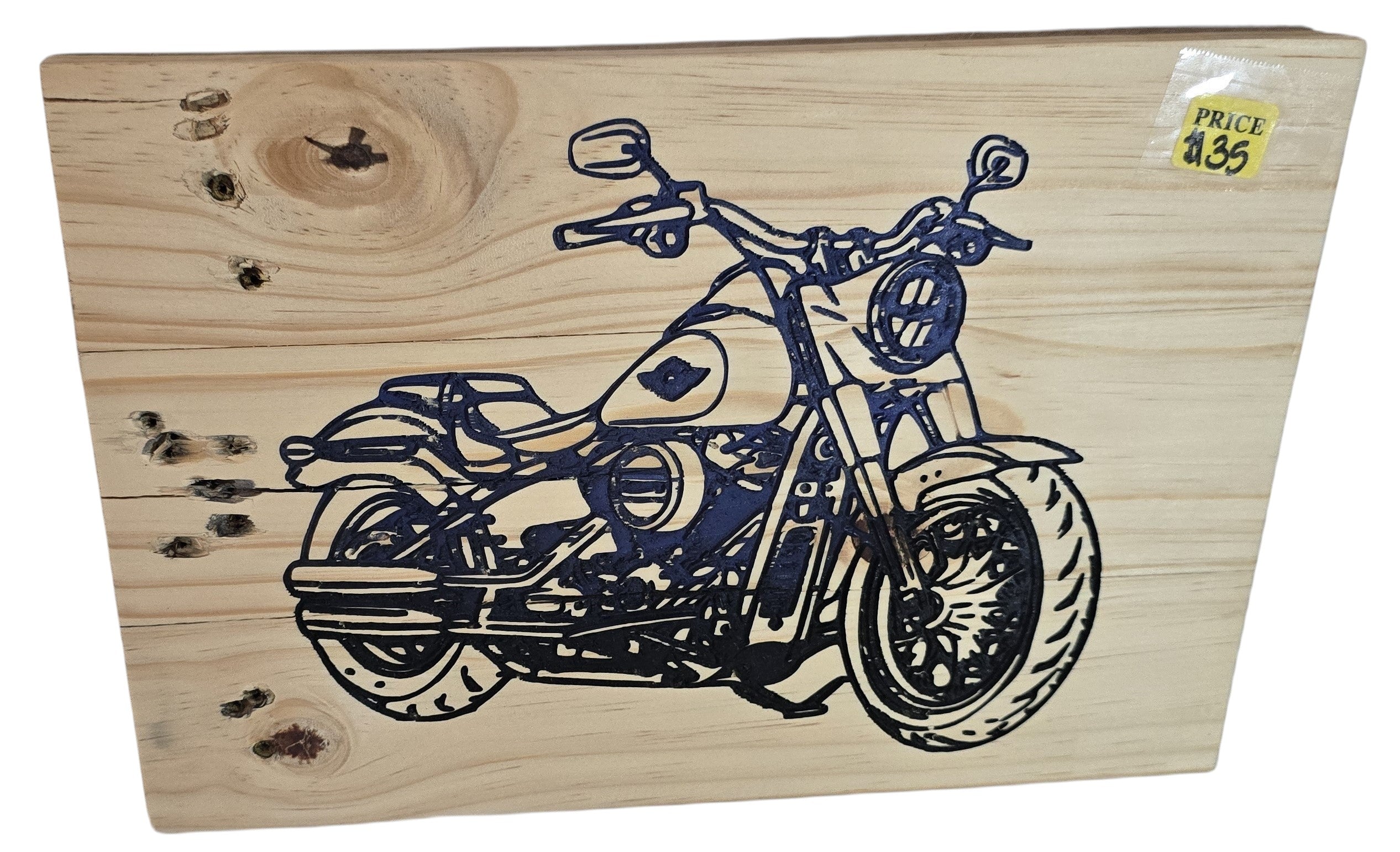 TK Wood Designs natural wood wall art featuring a detailed dark blue silhouette of a classic motorcycle.