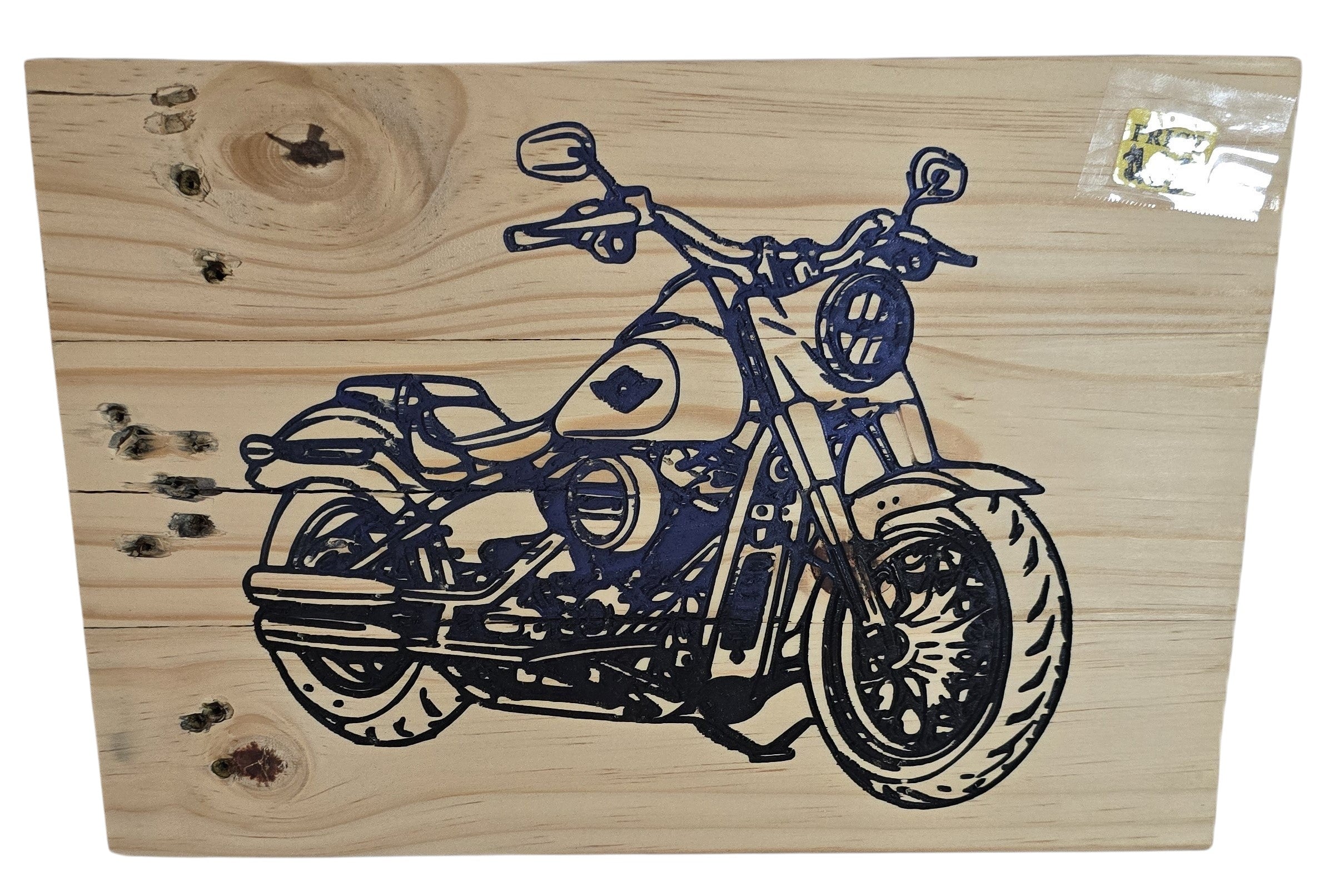 TK Wood Designs motorcycle wood wall art, featuring a detailed silhouette of a classic motorcycle on natural wood.