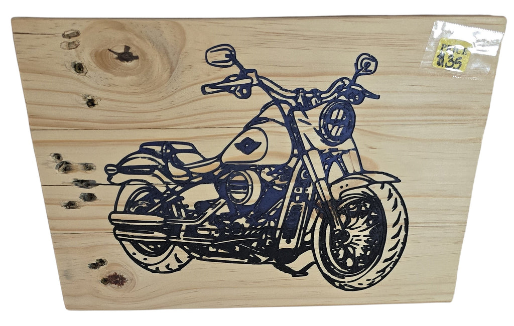 TK Wood Designs natural wood wall art featuring a detailed silhouette of a classic motorcycle in dark blue.