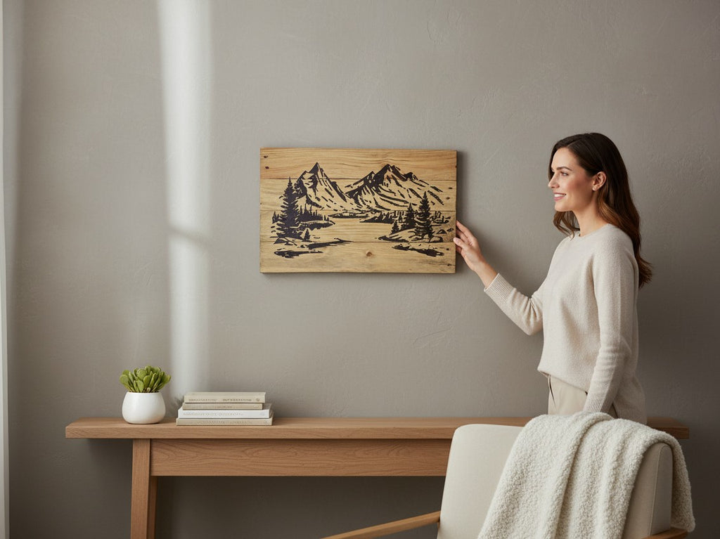 Woman hanging TK Wood Designs handcrafted mountain landscape wood wall art featuring pine trees in a modern living room