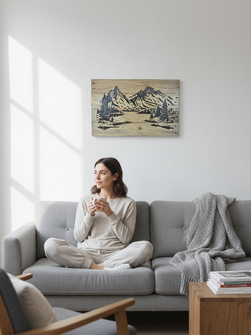 TK Wood Designs handcrafted mountain landscape wood wall art hanging above a woman sitting on a grey sofa with a mug.