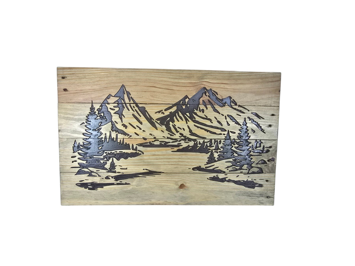 TK Wood Designs handcrafted mountain landscape wall art featuring etched pine trees and peaks on natural wood grain