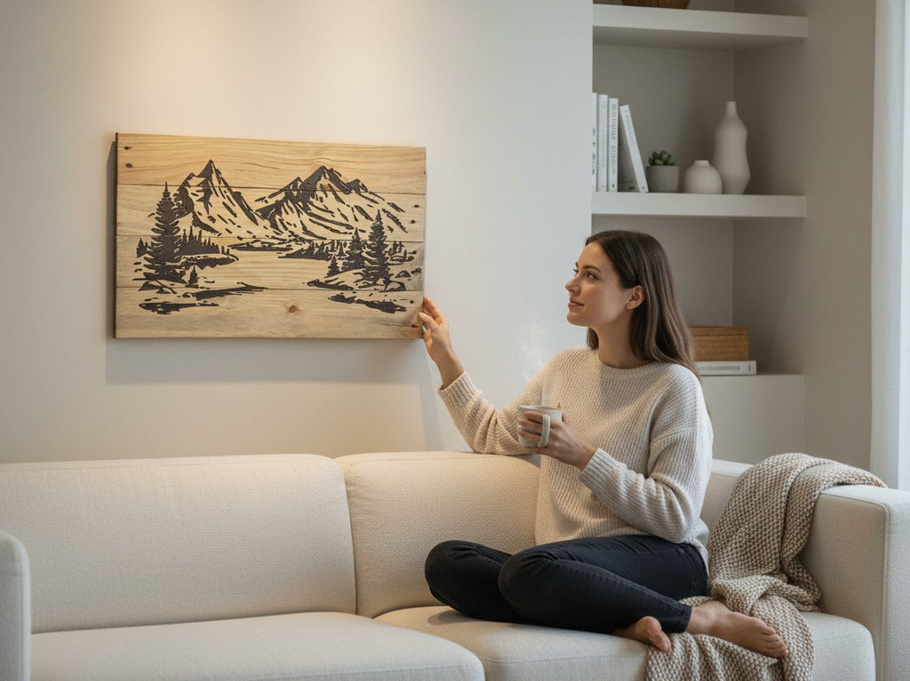 Woman sitting on a sofa admiring TK Wood Designs handcrafted mountain landscape wood wall art in a cozy living room.