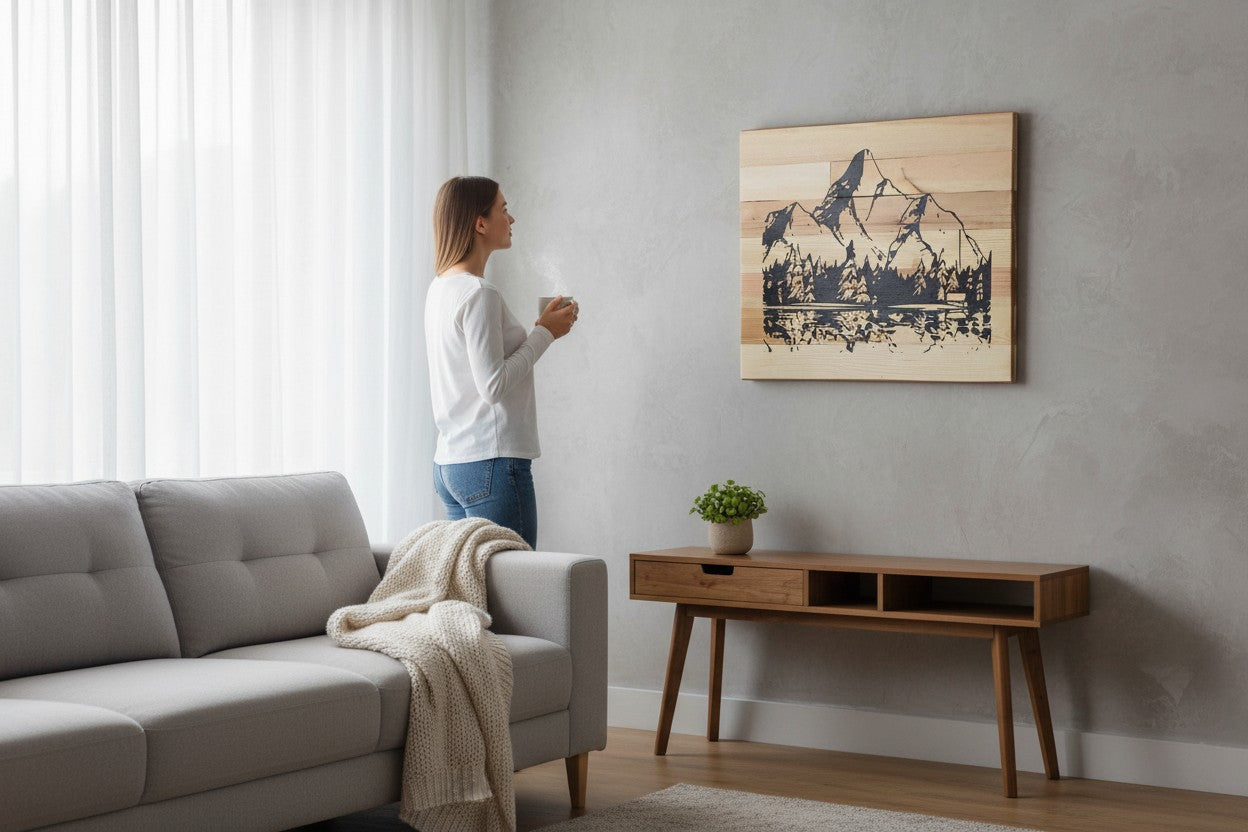 TK Wood Designs handcrafted reclaimed wood sign with carved mountain landscape and forest reflection. Natural wood tones.