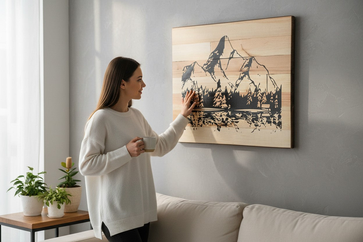 TK Wood Designs reclaimed wood sign with carved mountain landscape and trees reflected in water. Natural wood tones.
