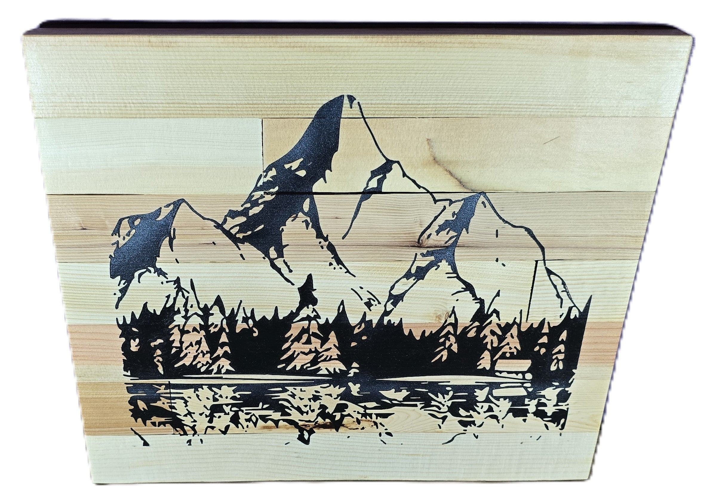 TK Wood Designs handcrafted reclaimed wood sign with carved mountain landscape and lake reflection. Natural wood grain.