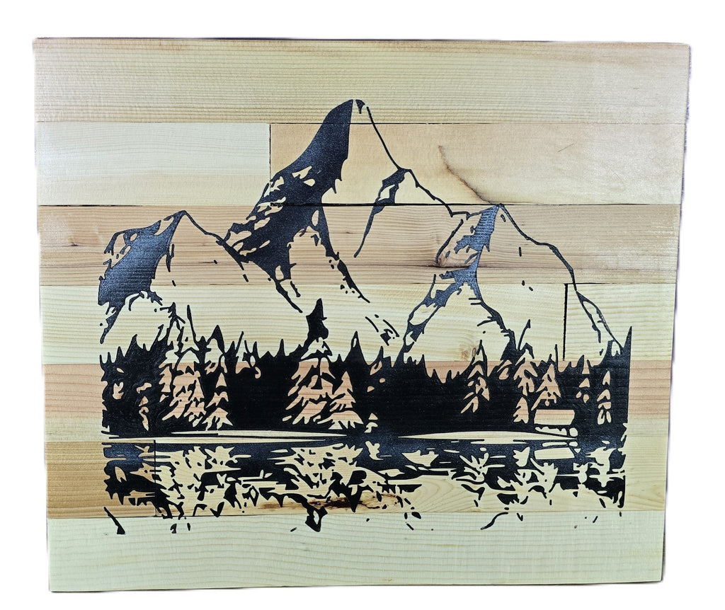 TK Wood Designs handcrafted reclaimed wood sign with carved mountain landscape and forest reflection. Natural wood tones.