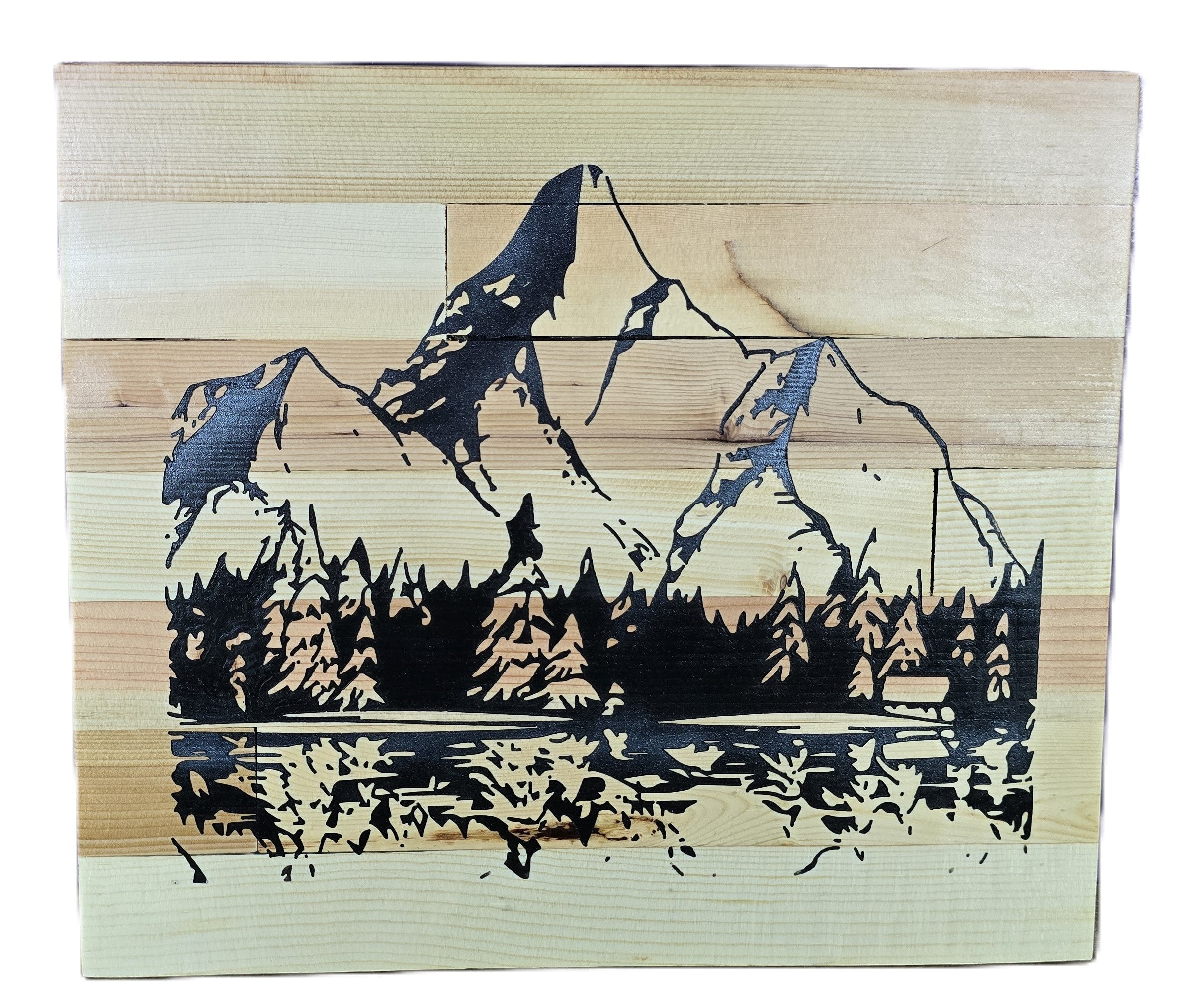 TK Wood Designs handcrafted reclaimed wood sign with carved mountain landscape and forest reflection. Natural wood tones.