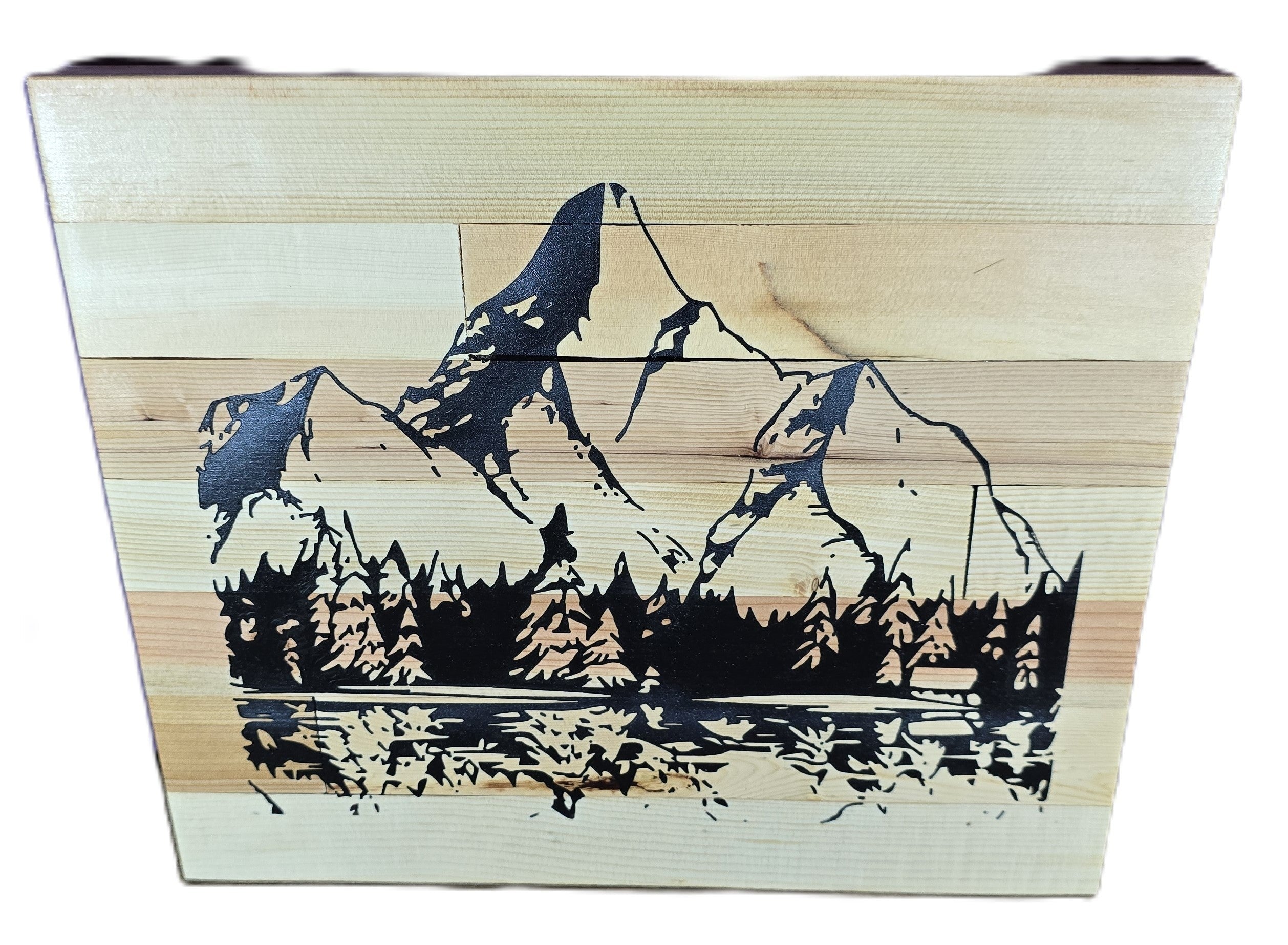TK Wood Designs handcrafted reclaimed wood sign with carved mountain landscape and forest reflection on water. Natural wood grain.